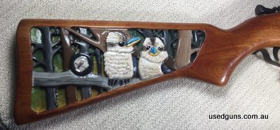 Joe Sharman hand carved and painted original Kookaburra scene. Highly collectable tribute to the Australian made rifle.