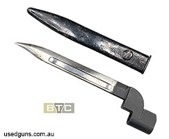 Original British No9 bayonet with scabbard made at Royal Ordnance Factory, Poole UK in 1949 and is so marked. For use on the British No4 .303 rifle . Good used 