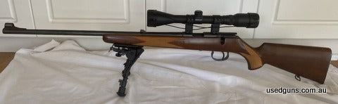 Great little 22LR. Comes with new Caldwell bench pillow 4-6 Simmons scope, sling, cleaning kit barrel cleaning patches, earmuffs bipod.