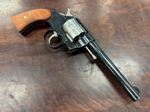 COLT
DA 38
US ARMY MODEL 1896
(AS STAMPED CLEARLY ON BASE OF GRIP)
38 LONG COLT
6 SHOT
6" BARREL
VGC BORE
SILVER FINISHED HAMMER, CYLINDER
& TRIGGER
CUSTOM TIMBER GRIPS
SOLID BLUED FINISH
MANUFACTURED 1901
#150975

VGC+ $649
