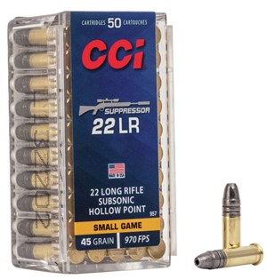 CCI
C957
SUPPRESSOR
22LR, 45GR, HOLLOW POINT
970 FPS
AMMUNITION

$16.90 /PER 50
$152.10 /PER 500
$1419 /PER 5000