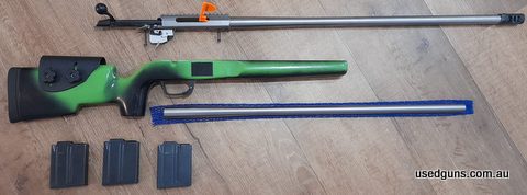 Tikka T3. With Precision Defence Imdustries UPH Gen 2 carbon stock. Sanded and painted. Kydex cheek riser fitted. Apa muzzle brake. Currently chambered in 6mm X