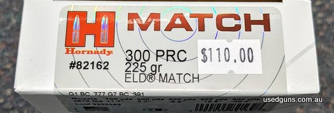 Box of Hornady ammuntion in 300 PRC loaded with 225gr Hornady ELD Match projectile. Hornady SKU #82162. Three boxes available at this price. Pick up instore onl