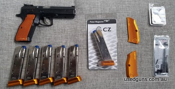 Near near, minimal round count, built for IPSC Production division, flawless to shoot. Many upgrades, including: EamonTech upgrade kit (springs, connector, exte