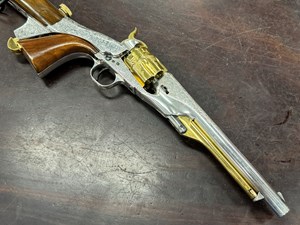 COLT
1860 ARMY
3RD GENERATION
44CAL
6 SHOT
CAP N BALL
BLACK POWDER
GOLD & SILVER PLATED
ENGRAVED BY PHIL VINNICOMBE
WITH SHOULDER STOCK
FITTED HARD TIMBER CASE
WITH RED FELT LINING 
AND KEY
VERY SMOOTH ACTION
TWO CYLINDERS - ONE FLUTED / ONE STD
COLT NEW YORK ADDRESS ON BARREL
BUT MA
