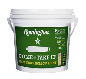 REMINGTON
L9MM1BC
"COME AND TAKE IT" BUCKET
9MM, 115GR, JACKETED HOLLOW POINT
AMMUNITION
1145 FPS 

SPECIAL
$169 /PER 250