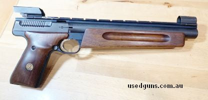 Browning Buckmark 9.75 inch barrel silhouette semi auto handgun. Accurate handgun with fully adjustable hooded rear sight. Hooded front sight. 10 shot magazine.