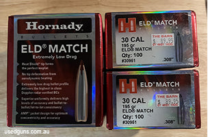 Surplus to my needs 450 (2 opened and 2 unopened boxes) Hornady 30 Cal 195 grain ELD-Match projectiles. Price includes post Australia wide and is non negotiable