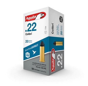 AGUILA
1B220337
COLIBRI 
SUBSONIC
22LR, 20GR, POWDERLESS LEAD
420 FPS 

$12.90 /PER 50
$115 /PER 500