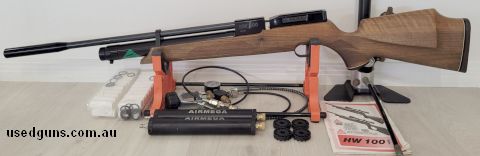 Weihrauch HW100, 3 air cylinders, 4 magazines, foot pump, scuba tank gauges/lines, filters. Owners manual, Excellent condition.