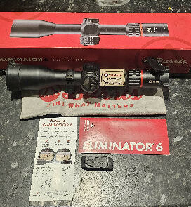 Burris Eliminator 6 with scope rings, wireless activation remote and flip up scope covers. Can post Australia wide for $50.00 additional.