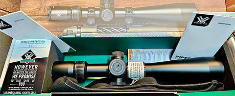 NIB, box opened for pic. New Viper model HD 5-25x50. FFP, VMR-4 Mrad illuminated reticle. 30mm tube. Sunshade and neoprene cover. Ex post.