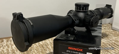 Minox ZP5 3-15X50 Mildot- Excellent condition with Just a few light Marks on the grips of the adjustment Mag and wind age Turret. Box in original packaging inc 