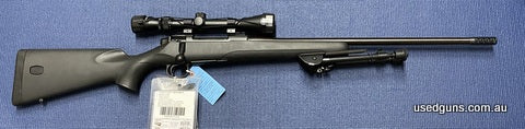 308W Mauser 18 in very good condition. Sports a 24 inch barrel with a muzzle brake and a Nikko Stirling Silver Crown 4-12x40 mounted. Harris bipod finishes the 