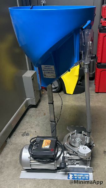 Commercial Rollsizer excellent condition, comes with Dillon case feeder with variable speed drive, with small and large pistol plates. Rollsizer has dies for 9m