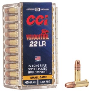 CCI
C47
VELOCITOR
22LR, HYPER VELOCITY
40GR HOLLOW POINT
1435 FPS

SPECIAL 
$17.90 /PER 50
$161.10 /PER 500
$1450 /PER 5000