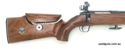 A very nice example of an Omark 44 with a Black Mountain Barrel and Lionel Weeks stock. The rear sight is a Central No.4 with Gehmann variable aperture eyepiece