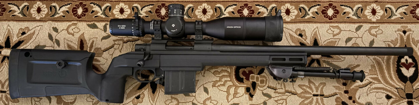 Excellent condition Howa 1500 in 308W. Sitting in a KRG Bravo chassis. 10 round MDT AICS magazine. Threaded heavy 20 inch barrel. Harris bipod. Brand new Arken 