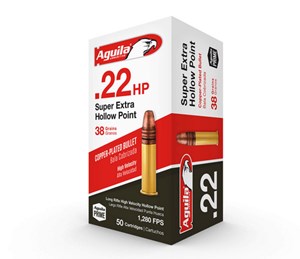 AGUILA
1B220335
SUPER EXTRA
22LR, 38GR, HIGH VELOCITY 
COPPER PLATED
HOLLOW POINT 
1280 FPS

SPECIAL
$4.95 /PER 50
$49.50 / PER 500
$198 /PER 2000
$495 /PER 5000