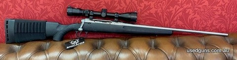 Just arrived and in great condition. Savage Axis Stainless in 308W. Black polymer stock, stainless barrel and action, detachable magazine, and a factory mounted