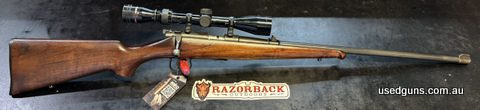 Brno model 1 22LR, Tasco 3-9x40. 1954 manufacture date, great barrel and deep bluing, timber is in great condition. 2 leaf folding sight in tact, missing front 