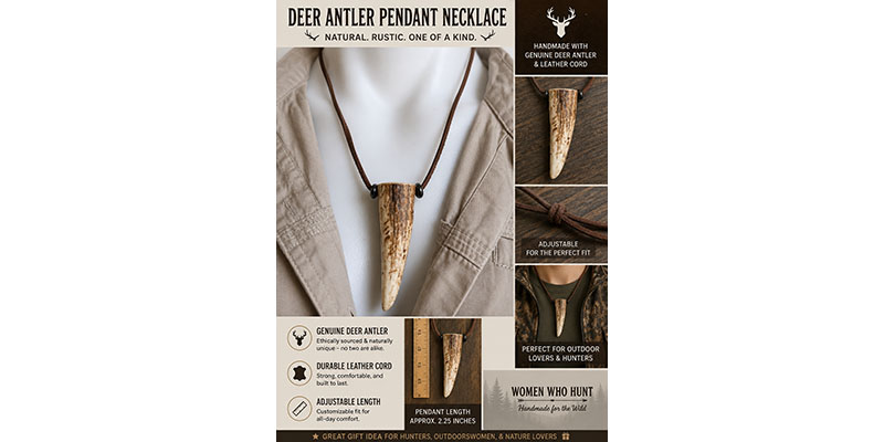 Handmade Deer Antler Pendant Necklace – Long Antler with Black Leather Cord
