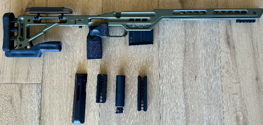 Masterpiece Arms BA Hybrid Chassis Remington 700 SA RH, OD Green, Folding Chassis. New external weight tuning kit. Ask for more images. Used but in great condit