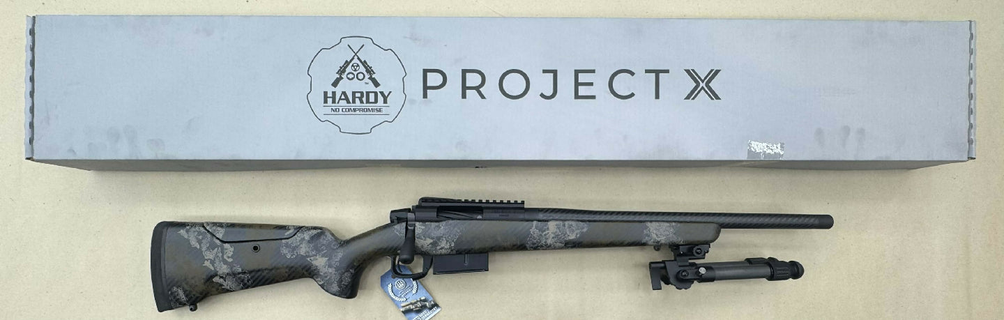 INSTOCK NOW!!! Custom ordered Hardy Project X Carbon Hunter chambered in 308WIN. This firearm is fully optioned with a 18" 1-10 twist proprietary Hardy barrel w