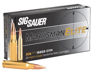 SIG SAUER 
E308M1-20
MARKSMAN ELITE MATCH
308WIN, 168GR, OPEN TIP
AMMUNITION

$79.90 /PER 20
$359.55 /PER 100