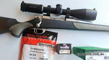 Weatherby Vanguard S2 270W. Come with reloading dies 42 new Winchester brass 42 Nosler Accubond 130gr. Buyer to pay postage transfers. Can split if scope is not