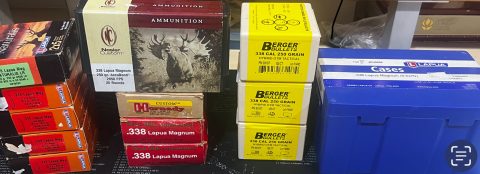 100 new lapua x 338 cases. 3x100 250grain Hybrid OTM Tactical projectiles. 40x rounds of lapua FMJBT 10x rounds of lapua Naturalis 20x rounds of 250 grain Accub