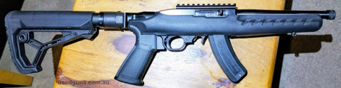 As new Ruger Charger with DangerNoodle stock adaptor. Quality buffer and rear stock pinned for <75cm. Long 10 round mag and 3X10 round in a tri-mag adaptor. Upg