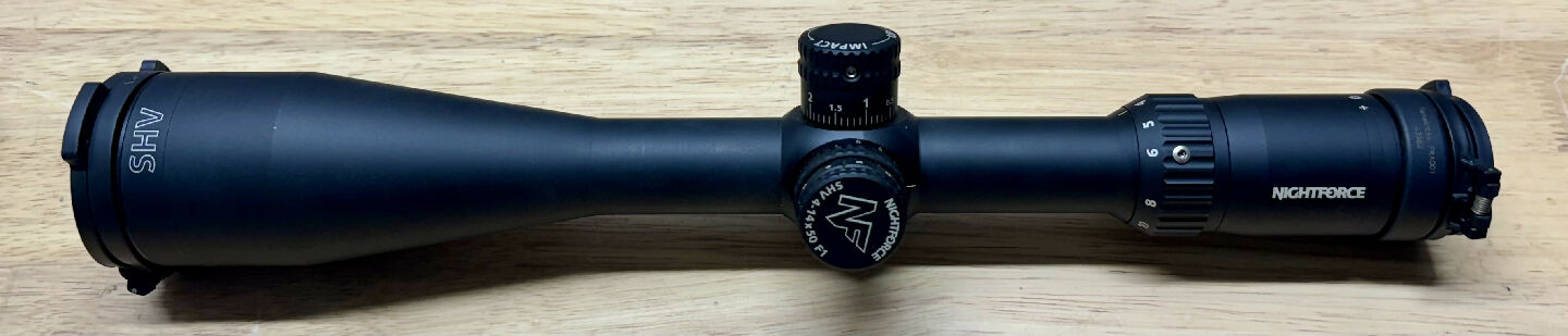 Nightforce SHV 4-14x50 F1 scope with illuminated MRAD MIL-R reticle in the FFP. 30mm tube, Japanese glass, unmarked lenses and tube. Includes NF tenebraux cover