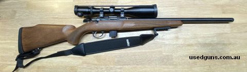 Sako Quad varmint heavy barrel with threaded end cap. The quad is a switch barrel so multiple rimfire barrels can be purchased for the one rifle. Safe queen whi