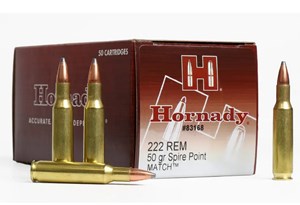 HORNADY
H83168
MATCH HUNTING
222REM, 50GR, PSP
AMMUNITION

SPECIAL 
$59.90 /PER 50
$519 /PER 500