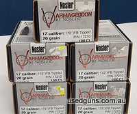 5 boxes (500 projectiles) Nosler Varmageddon .17 cal (.172") FB Tipped. New, sealed boxes, included freight anywhere in Australia.