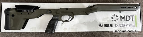 As new MDT HNT26 for RH Tikka T3 SA Folding chassis in Green. excellent condition blemish free plus post