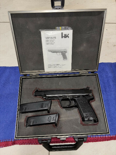 Heckler & Koch USP Elite 9mm. In great condition, presents as near new; hasn’t seen a lot of use and shoots beautifully. Cased, with 2 mags, you don’t need to w