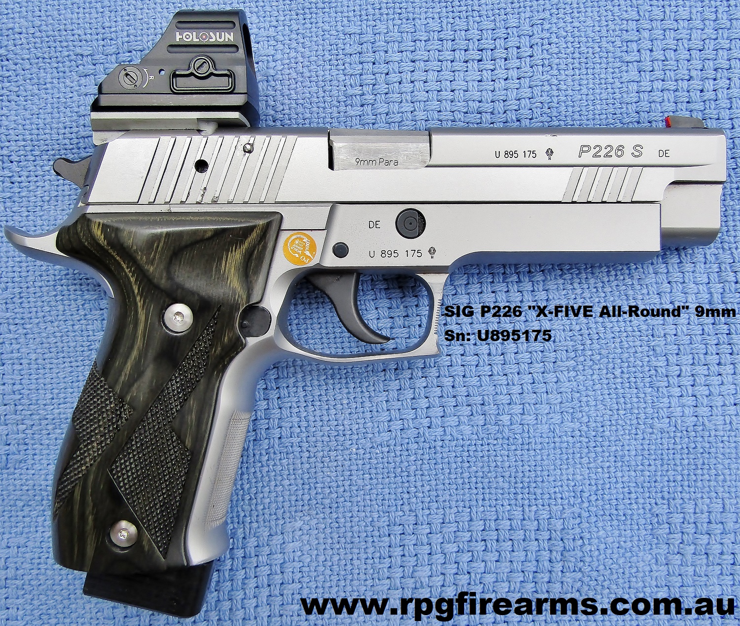 SIG P226 X-FIVE "All-Round" 9mm EXCELLENT This gun come with eight ten-shot mags with bumpers, 
SRT (short reset trigger) installed, lightened main spring with titanium shoe 
and a sharp glassy barrel, "HOLOSUN" red-dot sight and bag etc N.B. I have two rare 15 shot 9mm Hi-cap mags 
for the SIG t