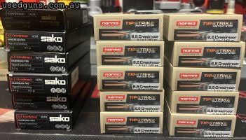 6.5 Creedmoor Ammunition Norma 140 Gr Tip Strike 6.5 Creedmoor X 197 Rounds 3 missing from one of the packs Also have 93 Rounds 4 and 1/2 Packs of Sako 6.5 Cree