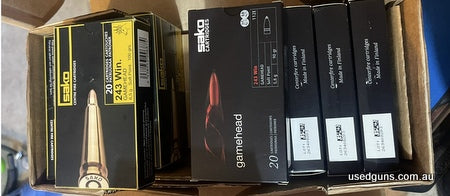 Total 11 pack (x20 each) of Sako 243W Gamehead rounds. 5 packs of 90 grain and 6 packs of 100 grain. Surplus supplies which are not needed.