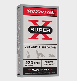 WINCHESTER
X223R
SUPER X
223REM, 55GR
SOFT POINT
AMMUNITION

SPECIAL 
$24.90 PER 20
$124.50 PER 100
$235 /PER 200