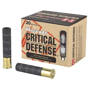 HORNADY
H86238
CRITICAL DEFENSE 
410 GAUGE
SOLID WITH ROUND BALLS
AMMUNITION

$43.90 /PER 20
$355 /PER 200