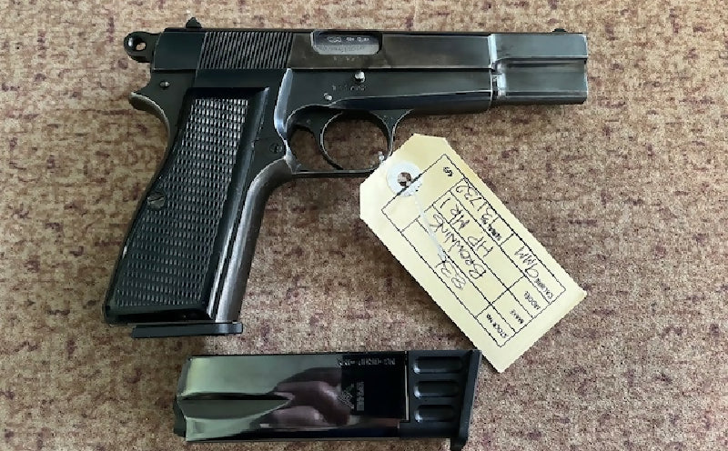 A very good Browning Hi Power pistol in 9mm. Early six digit serial number indicates early 60's build. Hasn't done a great deal of work. Comes with standard 120