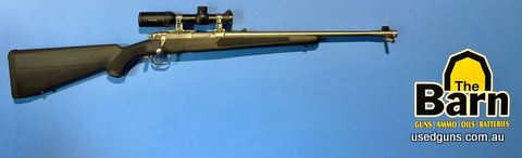 Ruger M77 44 Magnum 18 inch brushed stainless barrel with open sights, a threaded barrel and a Hawk Vantage 1-4X scope with turkey dot reticle. Gun is brand new
