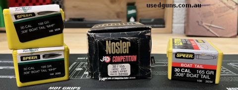 30 cal Nosler custom comp 155gn hpbt x 250 30 cal speer 168gn moly coated x 200 30 cal speer 165 gn boat tail x 100
