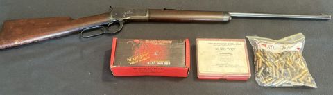 Winchester model 1892 32/20. Serial number dates to 1926 manufacture. Comes with Lee reloading dies, 122 mixes brass and roughly 300 black widow hard cast 115gn