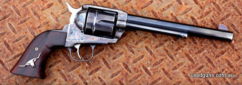 Ruger Vaquero in hard hitting 44 Magnum. Nice crisp trigger. Cylinder spins both ways for competition. Slight holster wear. Case hardened action. Only $25 deale