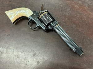 COLT
SAA
32-20 / 32WCF 
6 SHOT
5 1/2" BARREL
PROFESSIONALLY RE-FINISHED
DEEP GLOSS BLUED FINISH
WITH GOLD BANDS
& GOLD TEXAS STAR ON TOP OF GRIP FRAME
PEARL GRIPS
CLEAR COLT HARTFORD ADDRESS ON TOP OF BARREL
CLEAR COLT PATENT & LOGO ON LEFT HAND
SIDE OF FRAME
TIGHT CRISP ACTION
GOOD BO