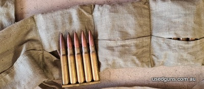 800 rounds of clean ammunition. 5 round clips in bandoleers. From a sealed tin. Brisbane only.